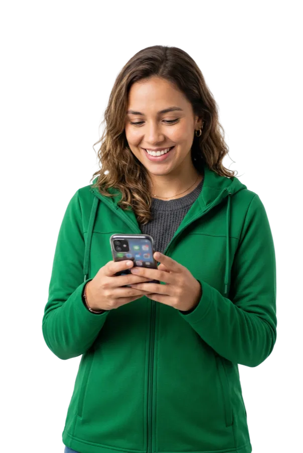 Renata, usuária do Controlaê, sorrindo com o celular na mão